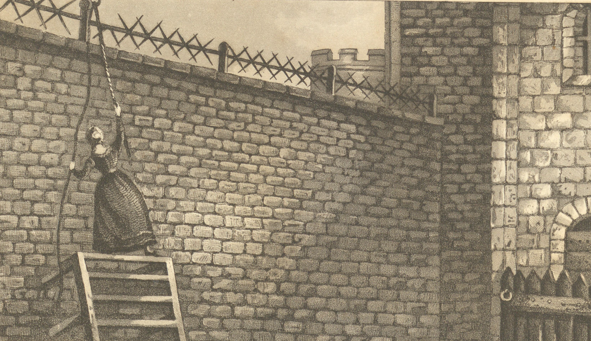 Drawing of Margaret Catchpole escaping prison